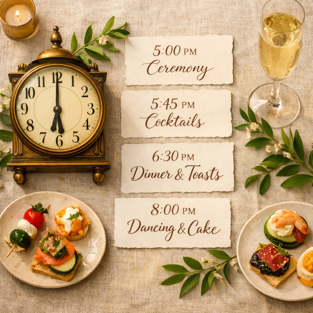 Wedding reception timeline planning with appetizers and champagne display
