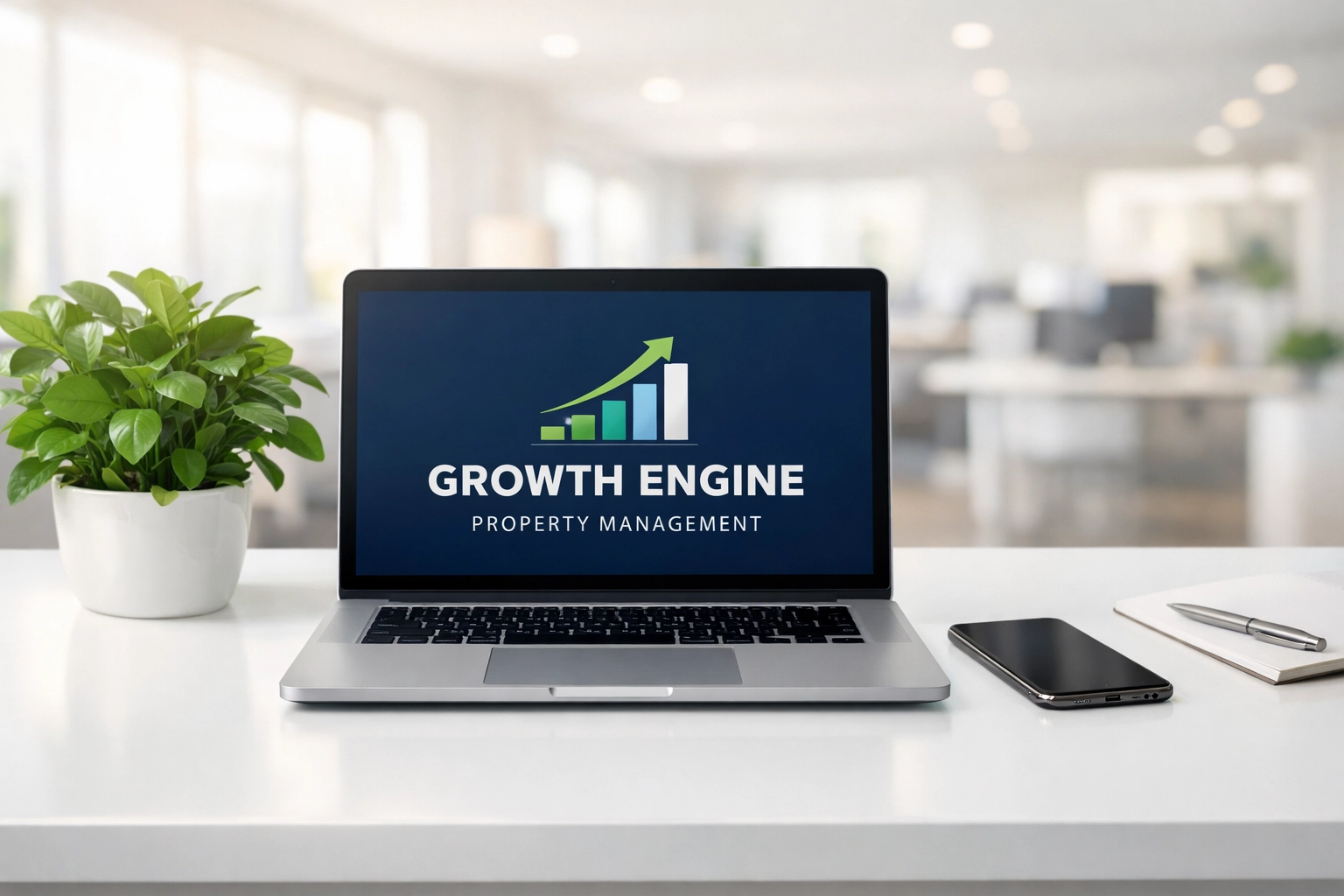 A sleek minimalist workspace illustrating technology-driven property management solutions and scaling cleaning operations.