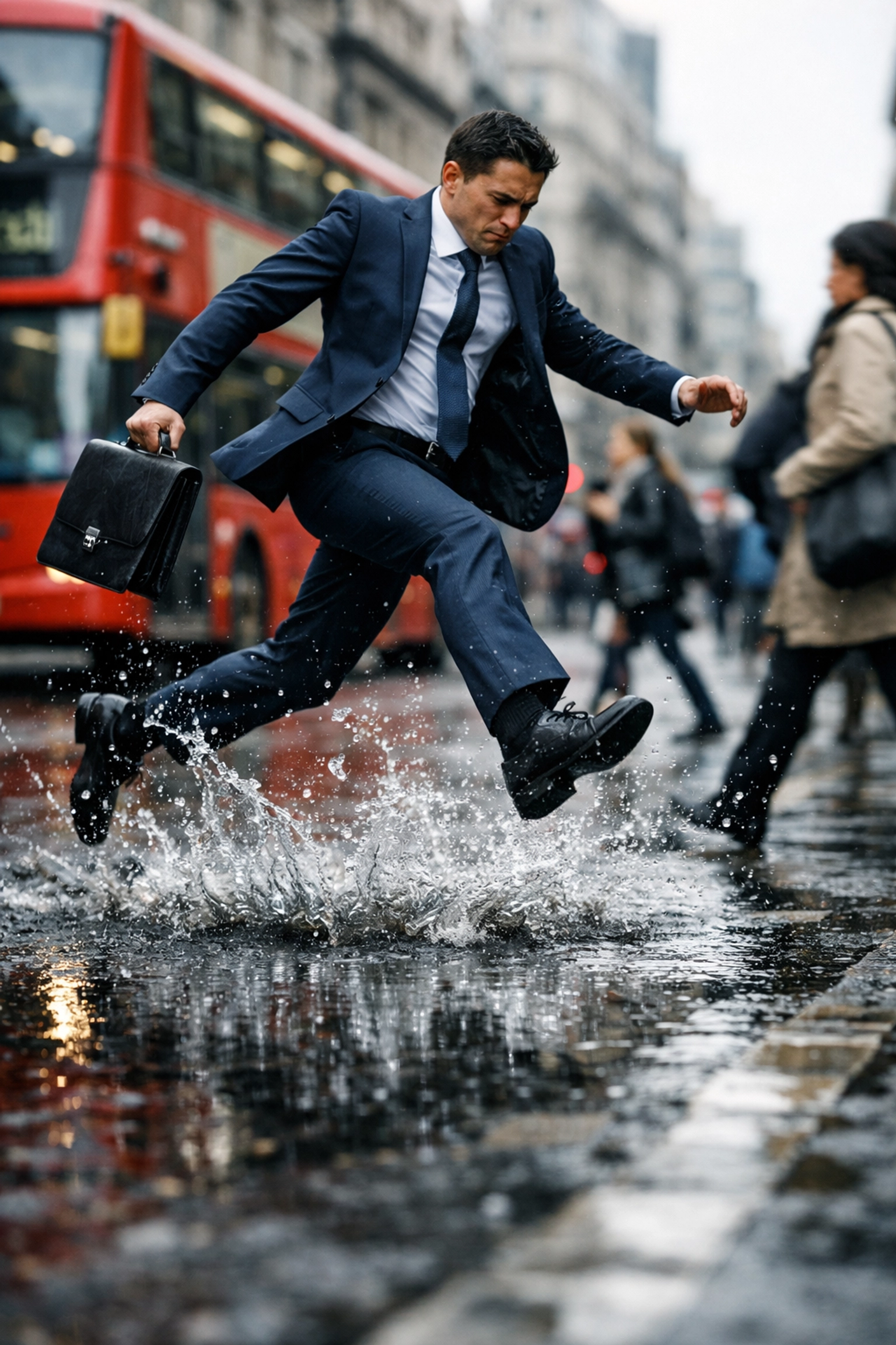 Frozen motion street photography of a man jumping over a puddle using high shutter speed.
