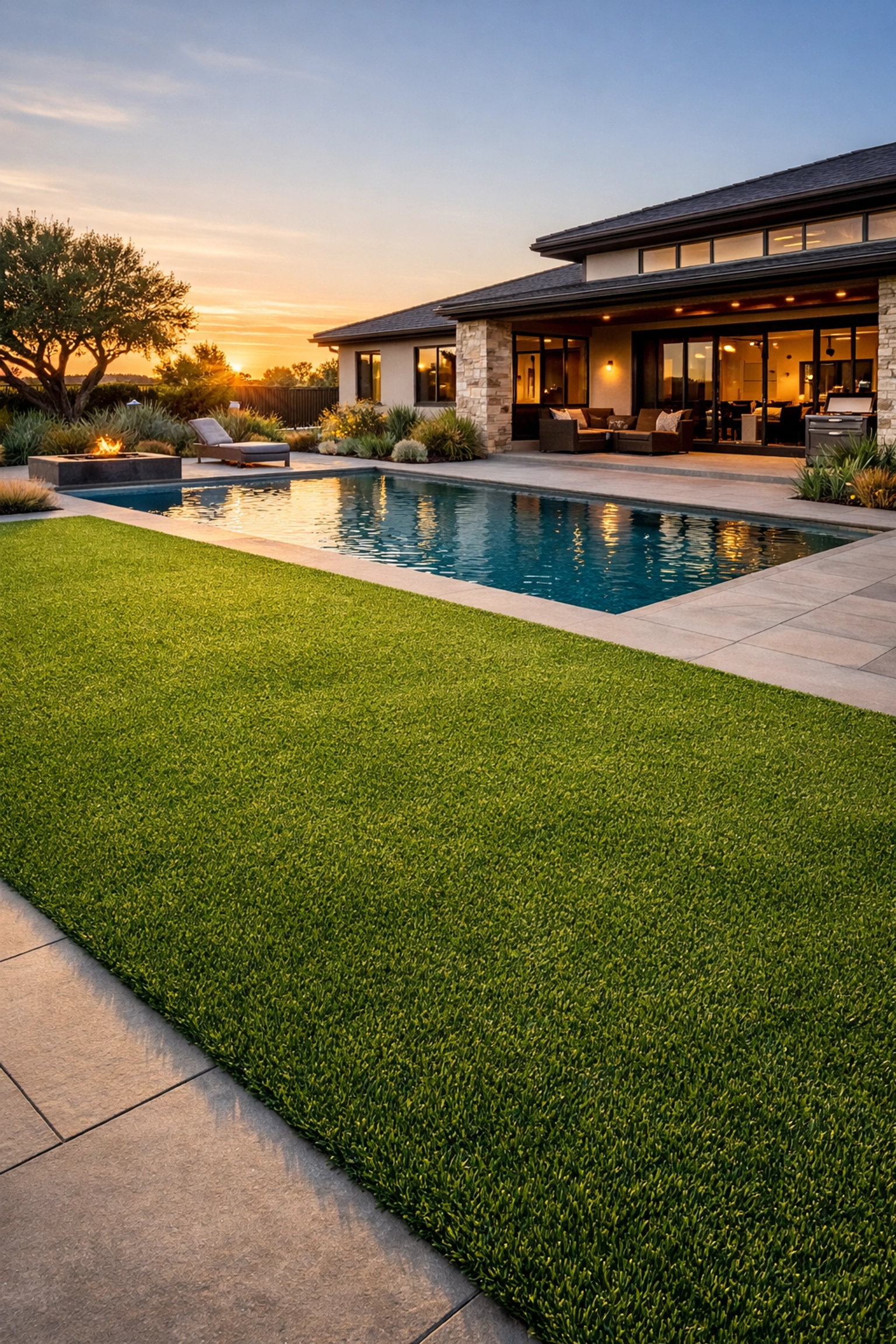Luxe Blades artificial turf installation in a luxury North Texas backyard oasis with a swimming pool.