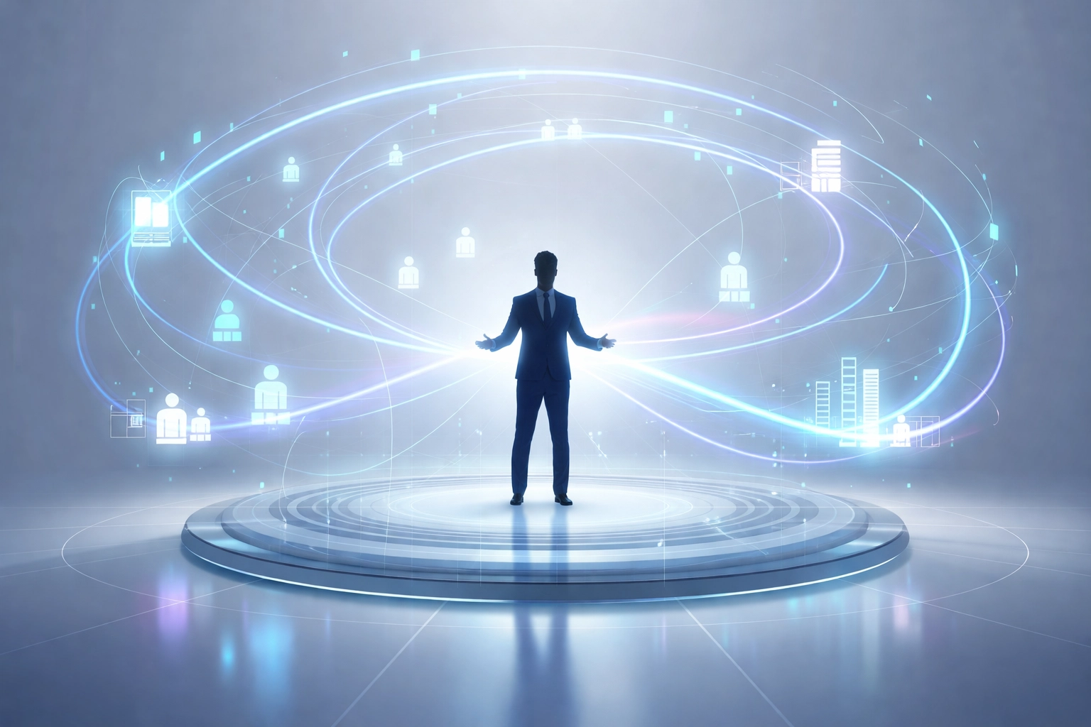 A business leader oversees glowing digital pathways, symbolizing the role of an AI enablement architect bridging technology and enterprise.