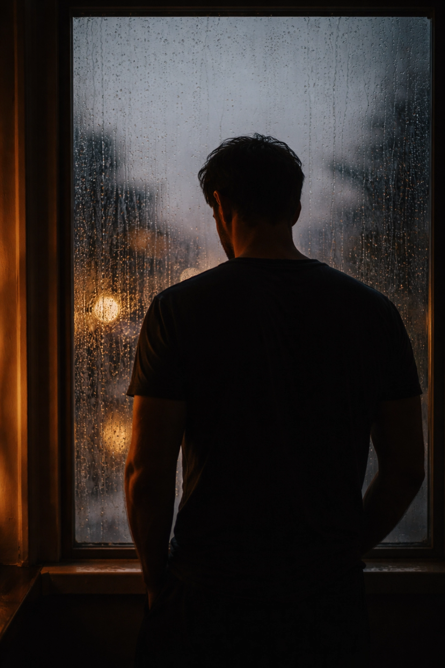 Férfi sziluettje az ablaknál töprengve - a merevedési zavar lelki terhe és a kiút keresése