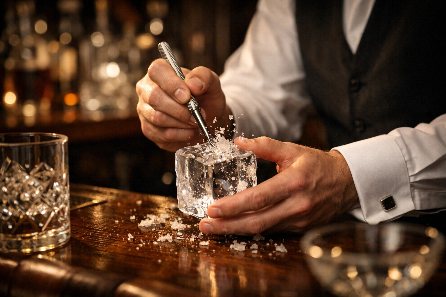 Professional bartender carving ice for a craft cocktail in a sophisticated Montreal speakeasy.