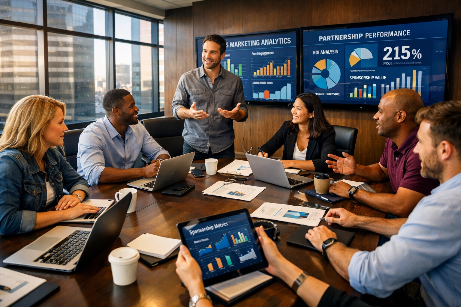 Sports marketing team analyzing partnership metrics and activation strategies in collaborative workspace