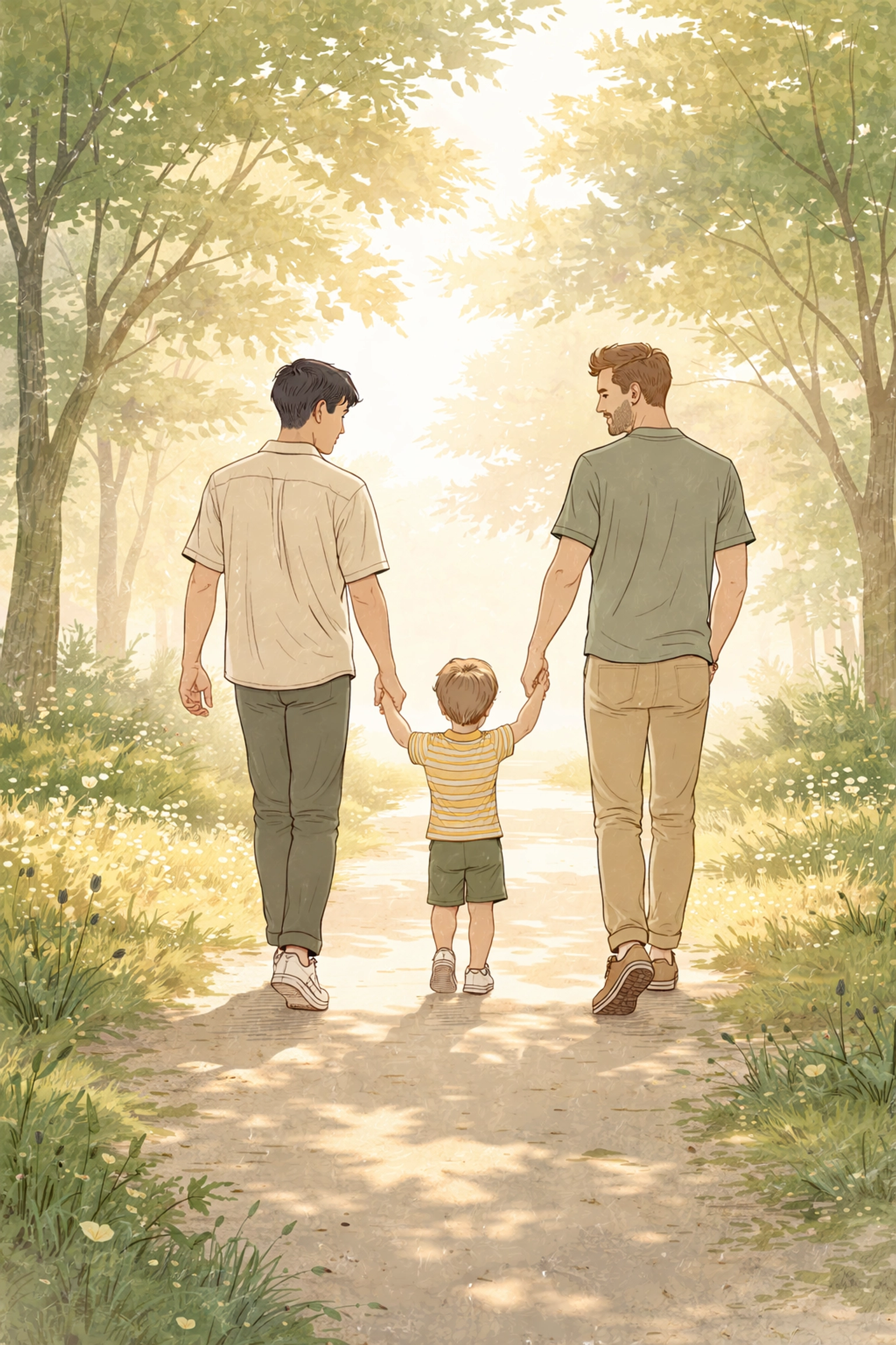 Jules and Arthur walk hand in hand with their child, building their new dynasty in Imperial Hearts