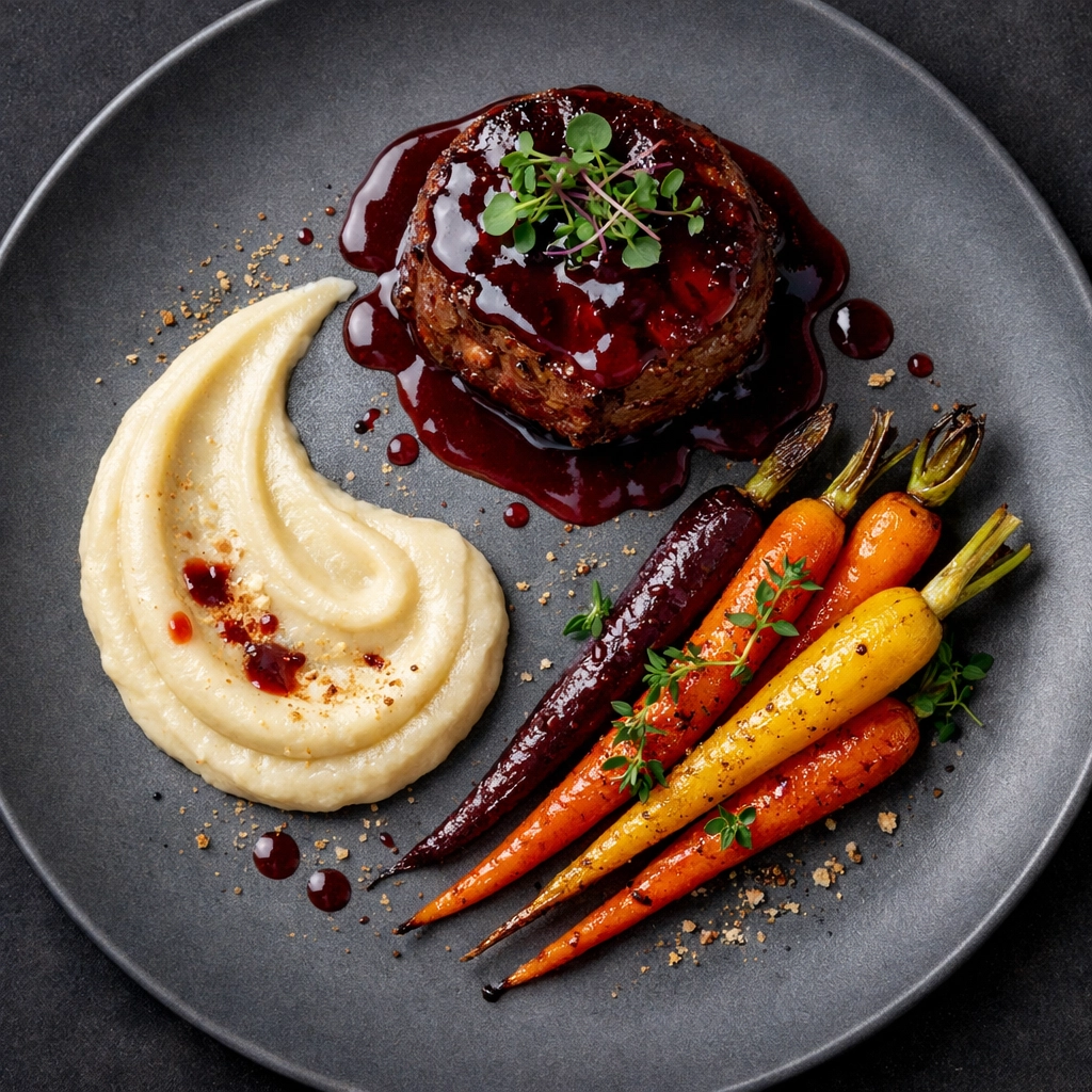 Elegantly plated custom wedding menu entree featuring beef and roasted vegetables from expert NJ caterers.