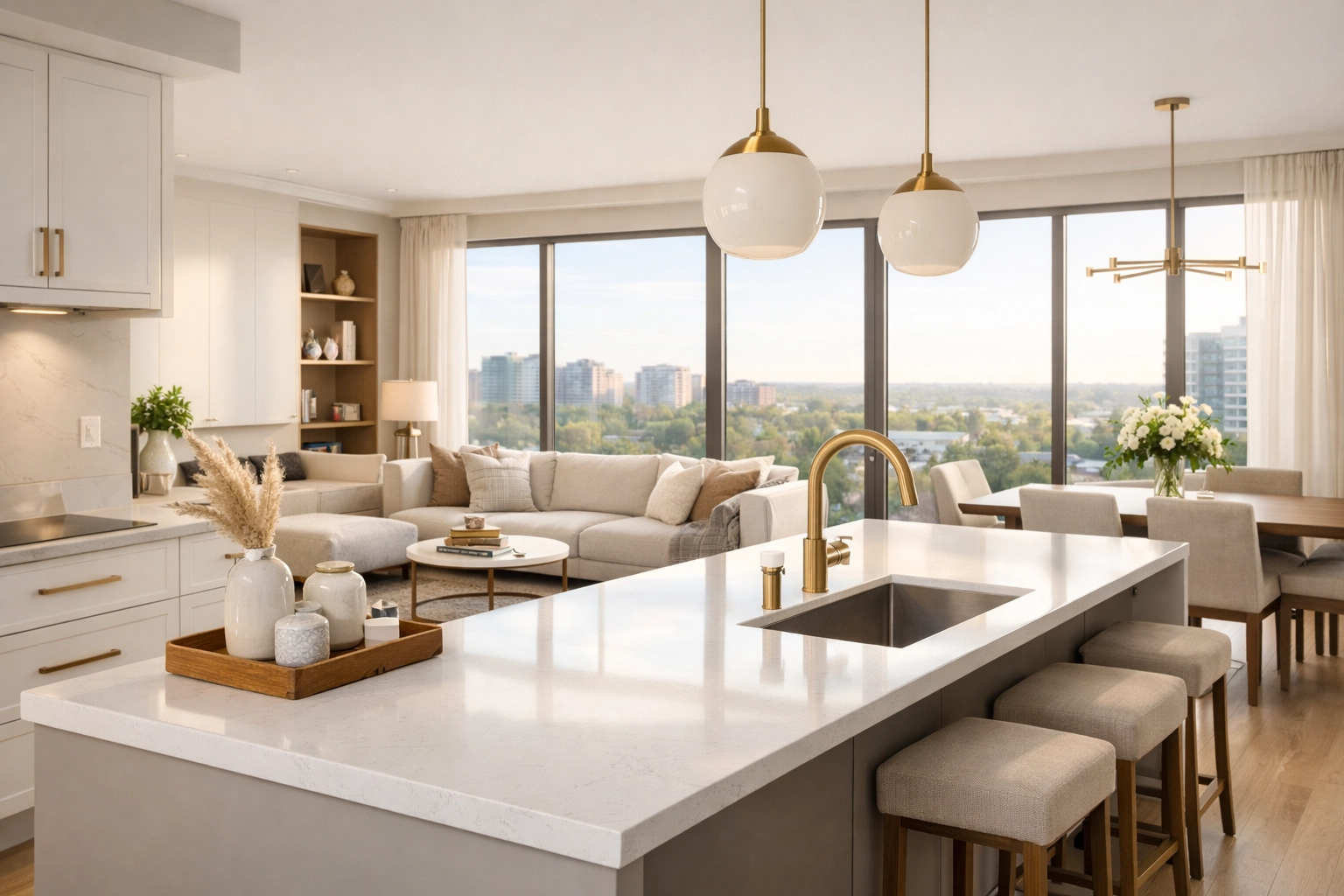 Modern luxury condo interior in Markham with bright open-concept living space and high-end finishes for investors.