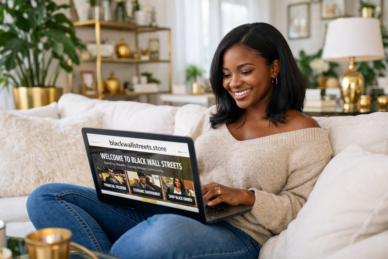 A woman shopping on the Black Wall Streets website at home, embracing the modern Buyblack lifestyle for economic growth.