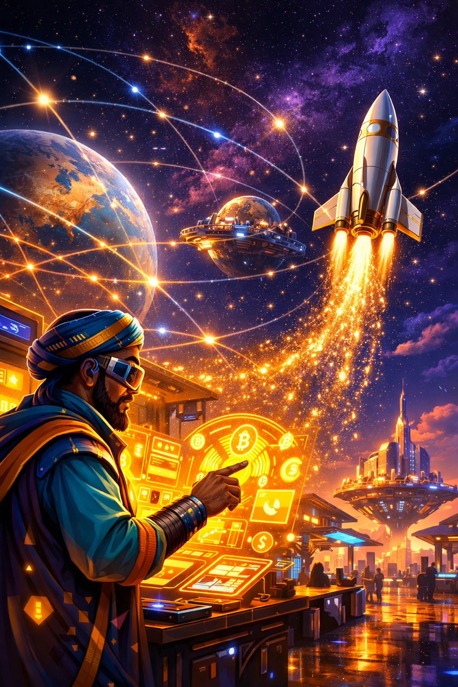 Scaling a business with Web3 global payments in a vibrant futuristic digital marketplace.