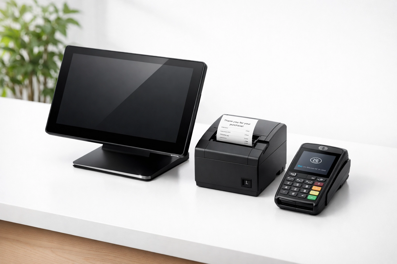 Full epos now till system hardware setup with touchscreen monitor and receipt printer.