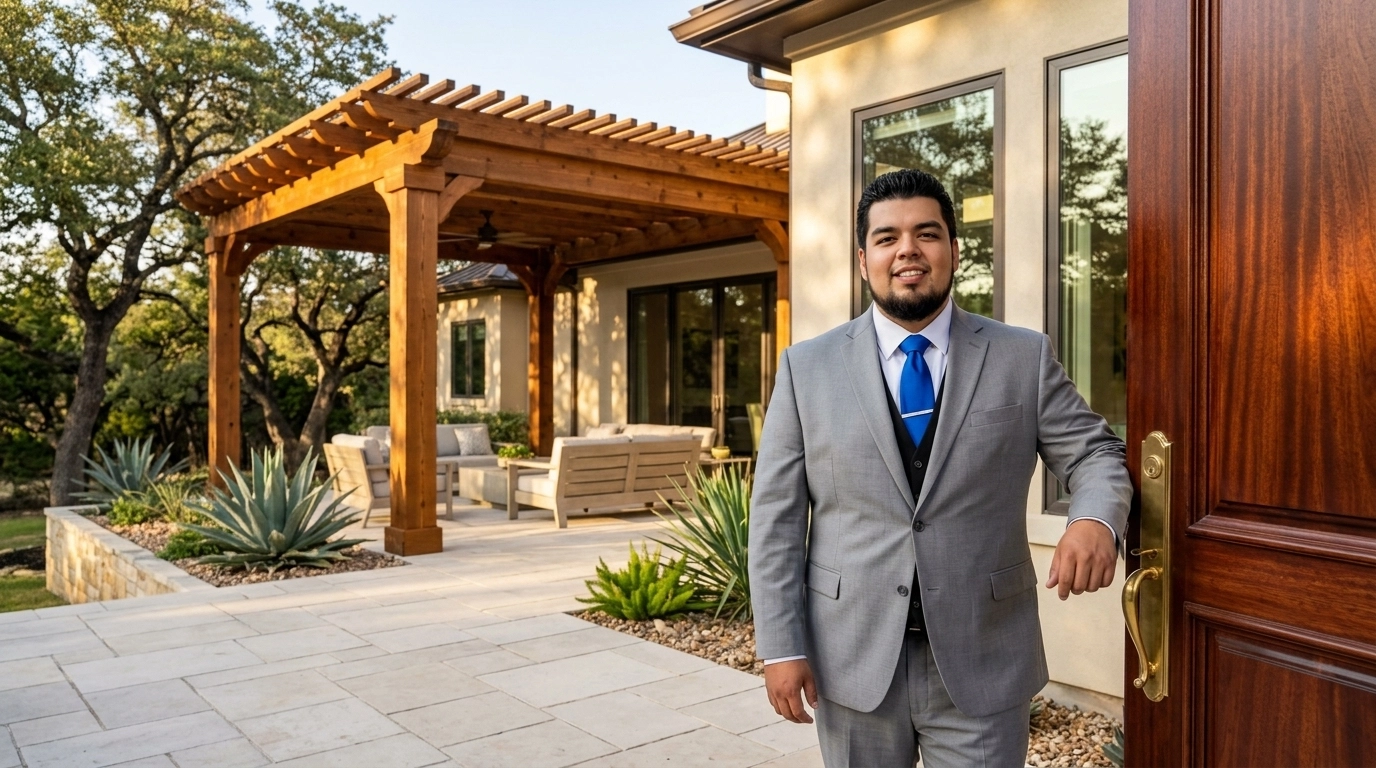 Erick Luna, Vice President and Senior Project Manager, inspecting a luxury exterior wood installation in Austin, Texas.