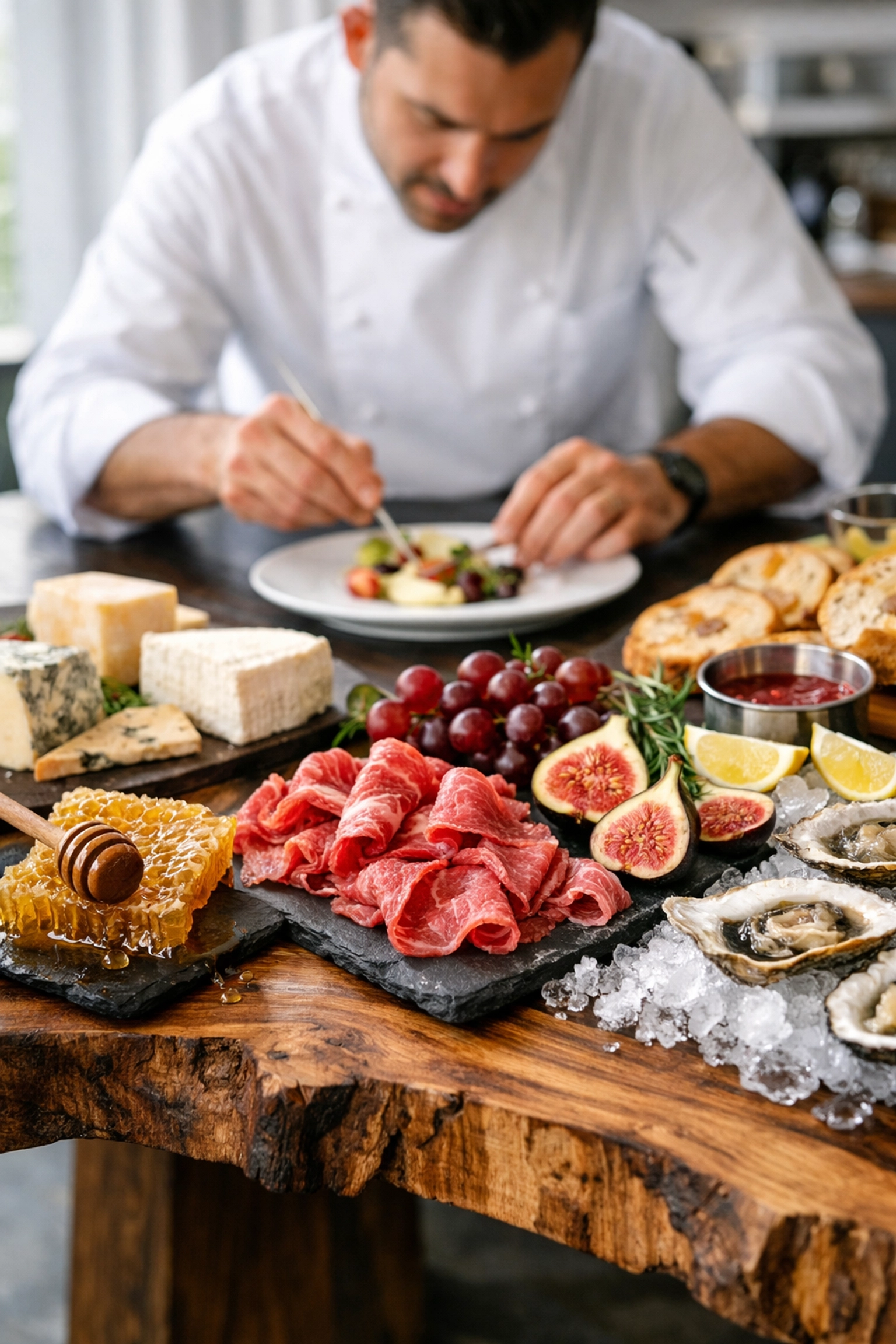 Gourmet corporate catering with a luxury charcuterie station for Super Bowl executive hospitality.