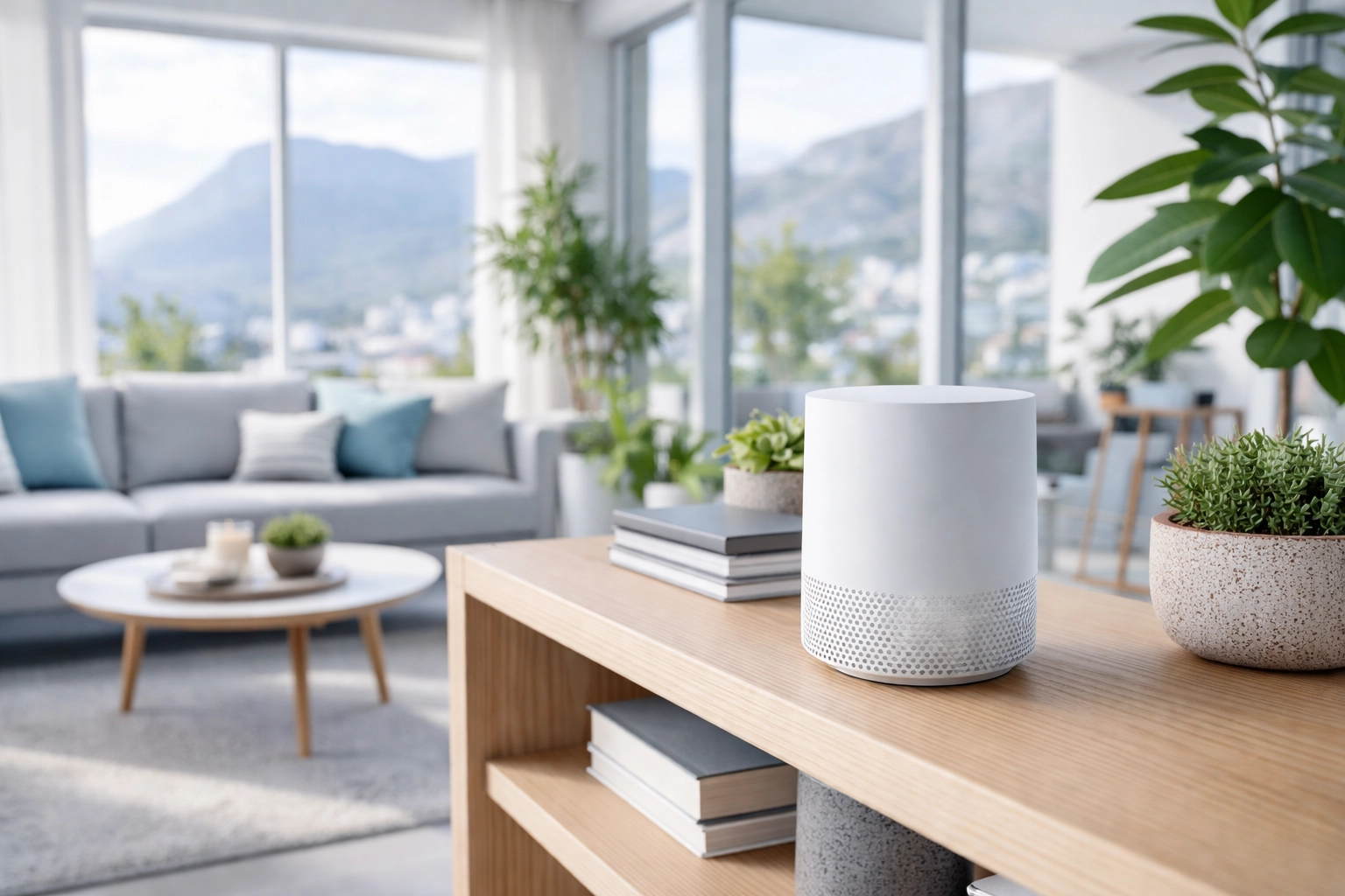 Modern Cape Town living room with mesh WiFi node on shelf showing whole-home WiFi coverage setup.