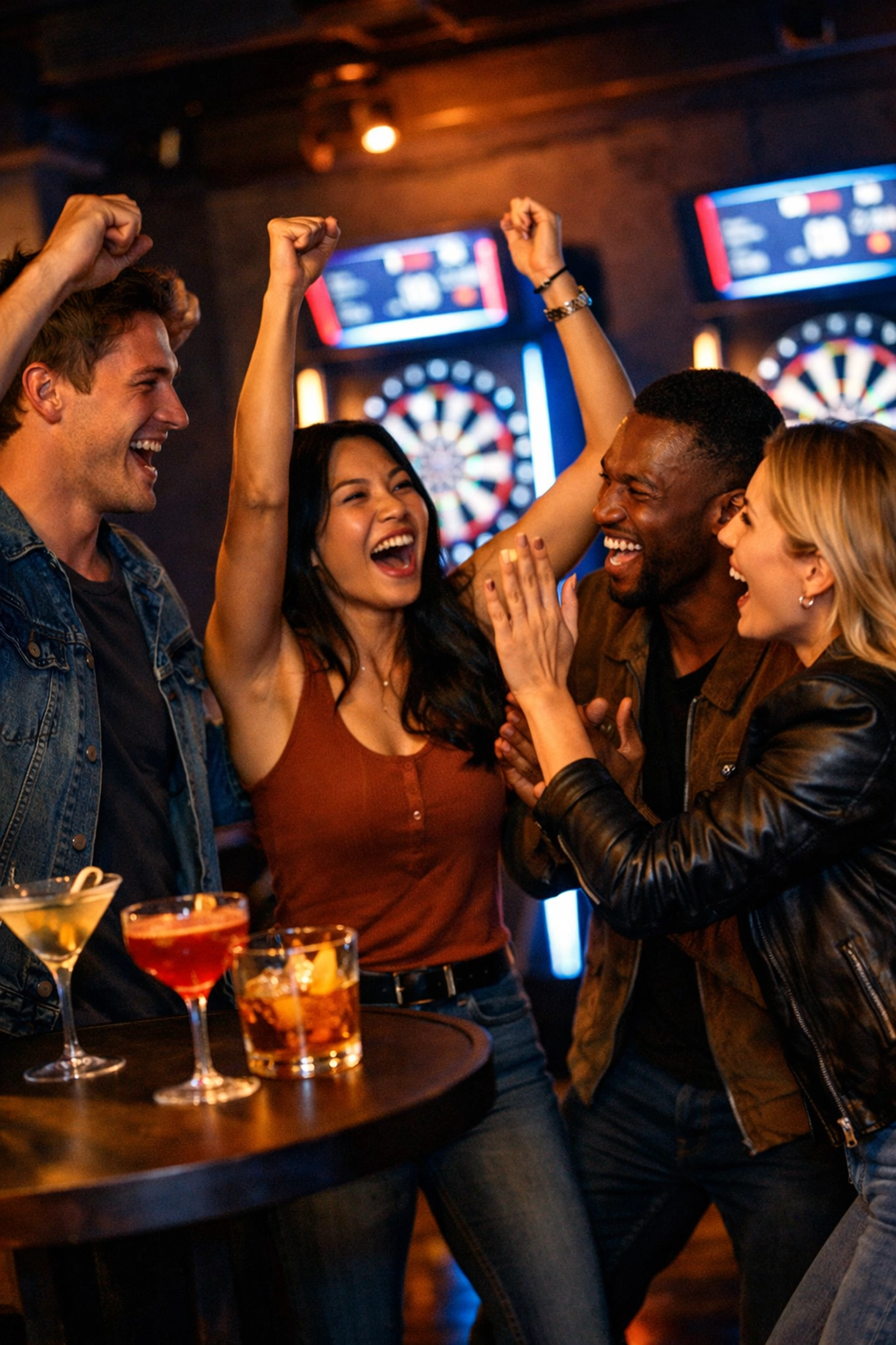 Friends celebrating at Flight Club social darts venue in Cincinnati's Fountain District
