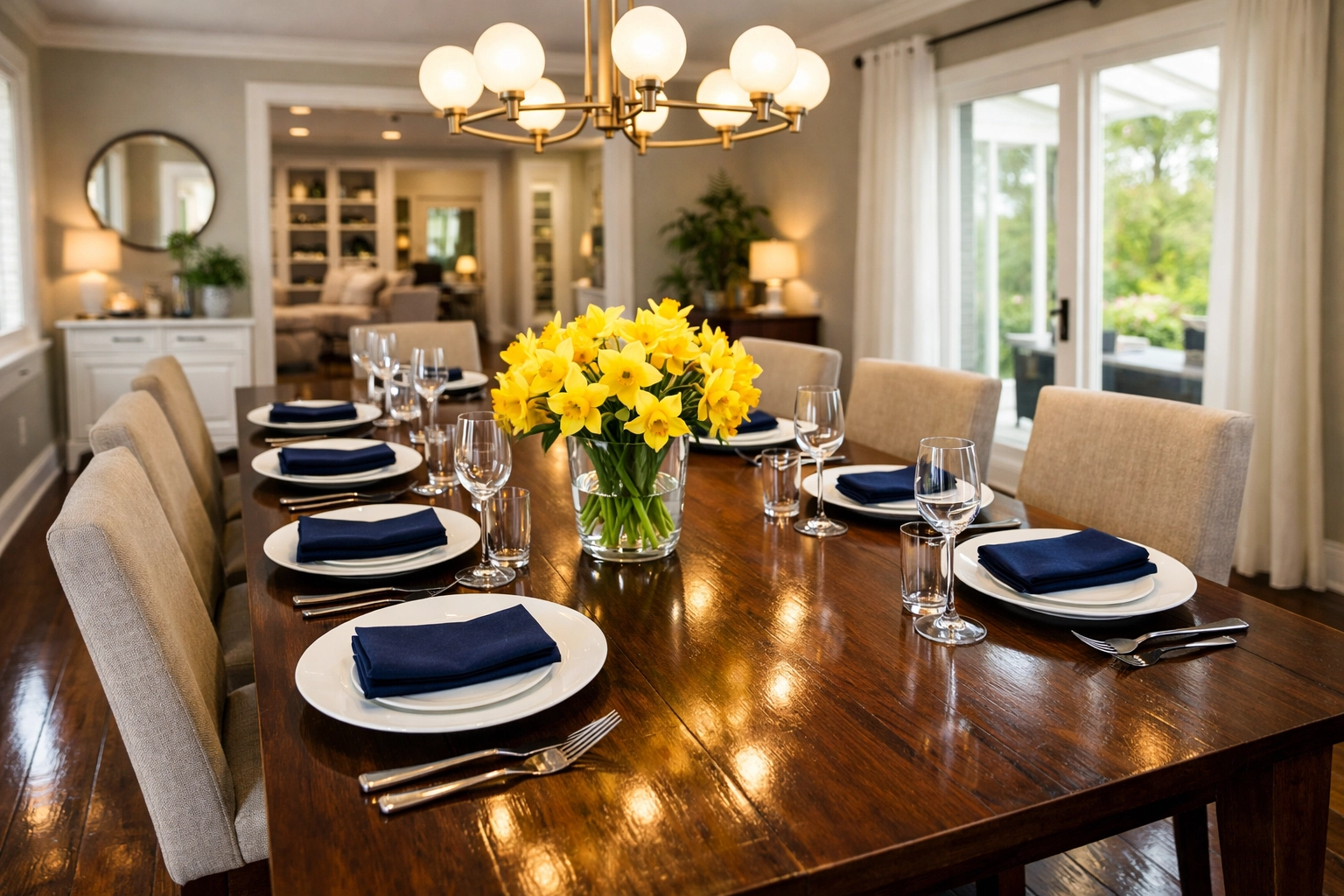 A guest-ready dining area with shining floors maintained by weekly house cleaning in Groton, MA.