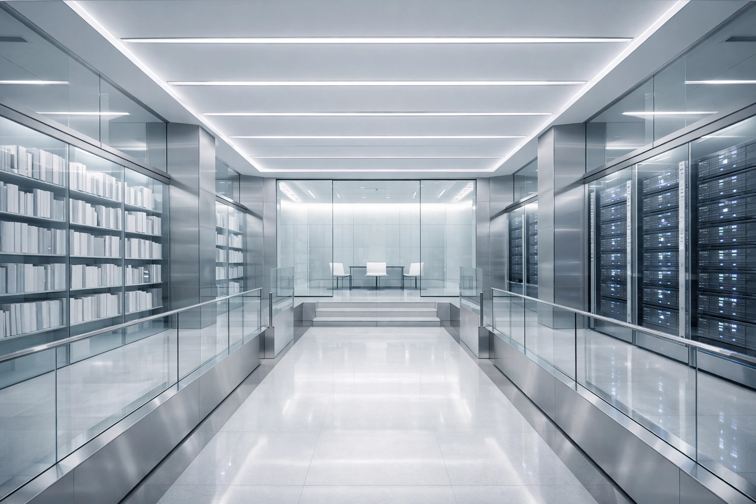 Minimalist high-tech architectural space representing secure AI governance and scalable business infrastructure.
