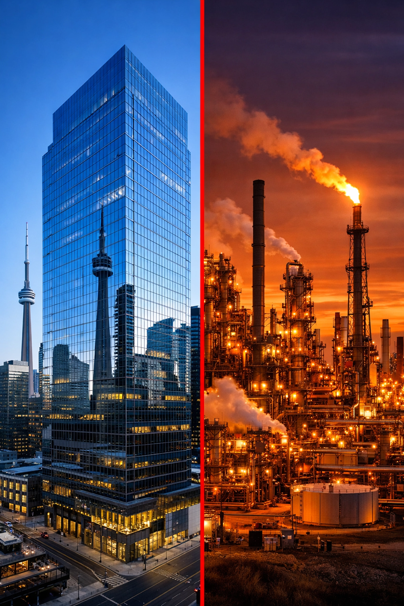 Toronto financial district and Alberta oil facility representing Canadian economic divide