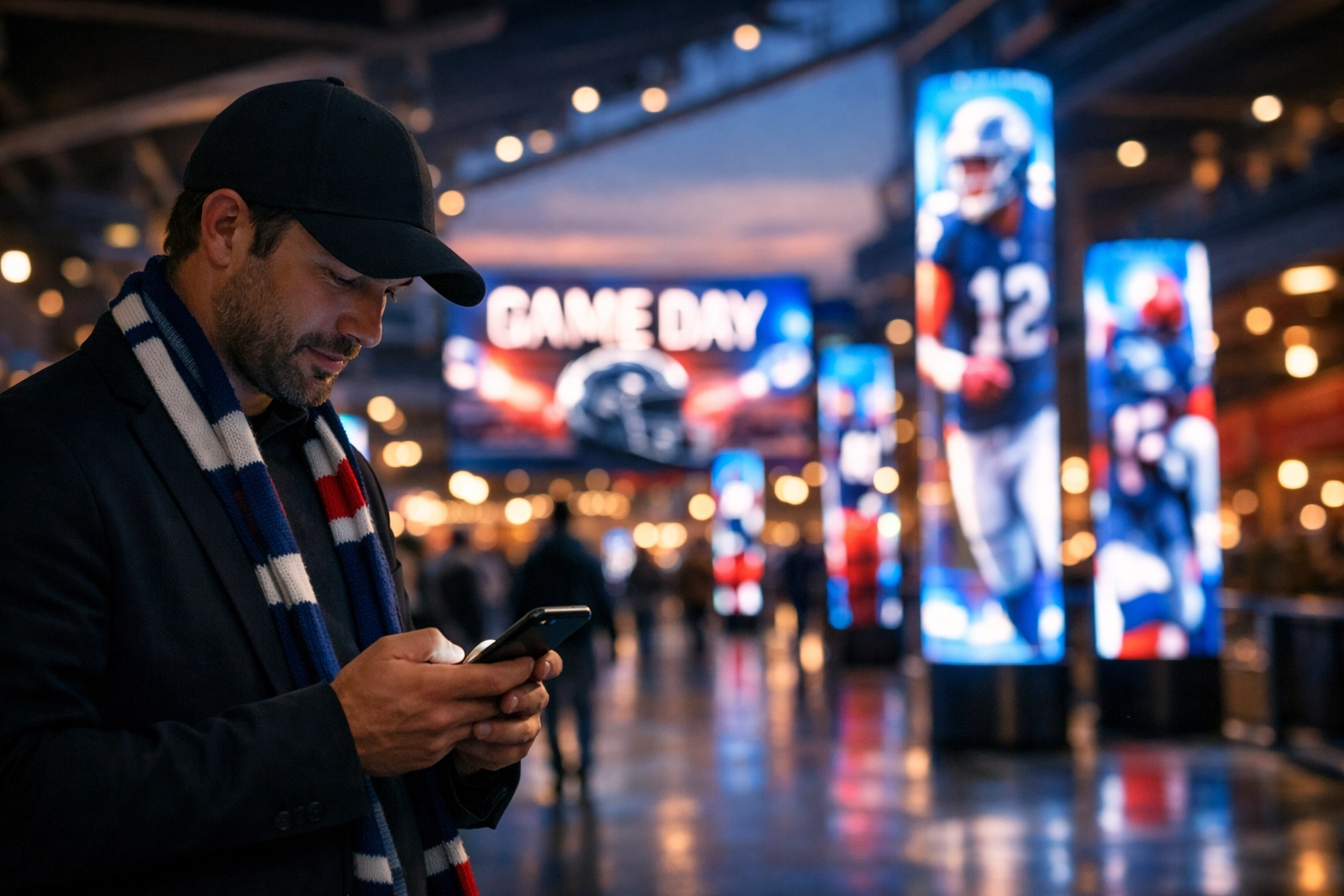 Fan using a mobile phone near synchronized digital out-of-home advertising screens in a stadium concourse.
