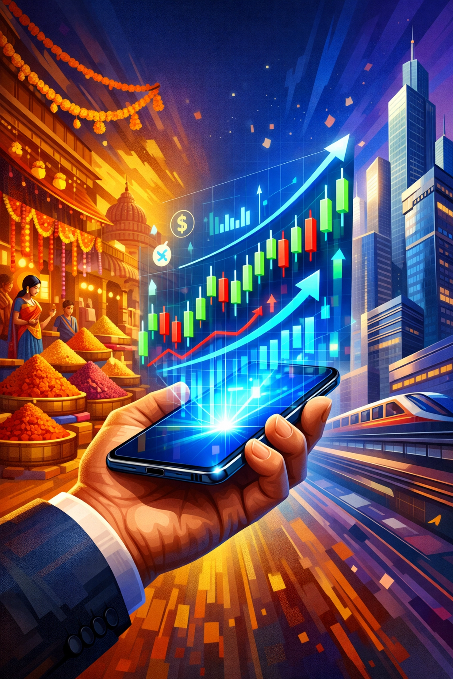 Indian stock market charts on a smartphone illustrating tech-driven startup profitability and growth.