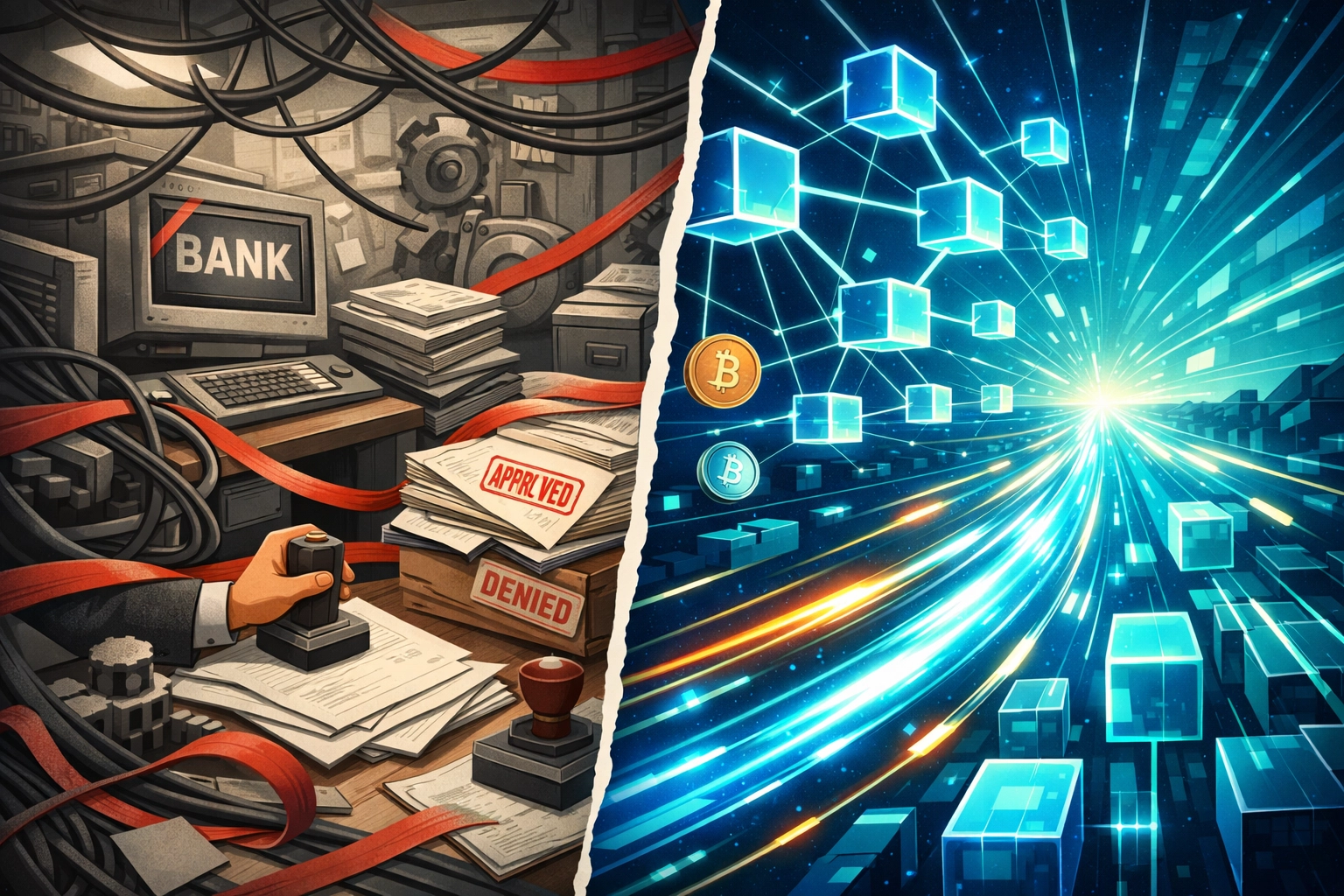Traditional banking system versus blockchain payment network comparison for merchants