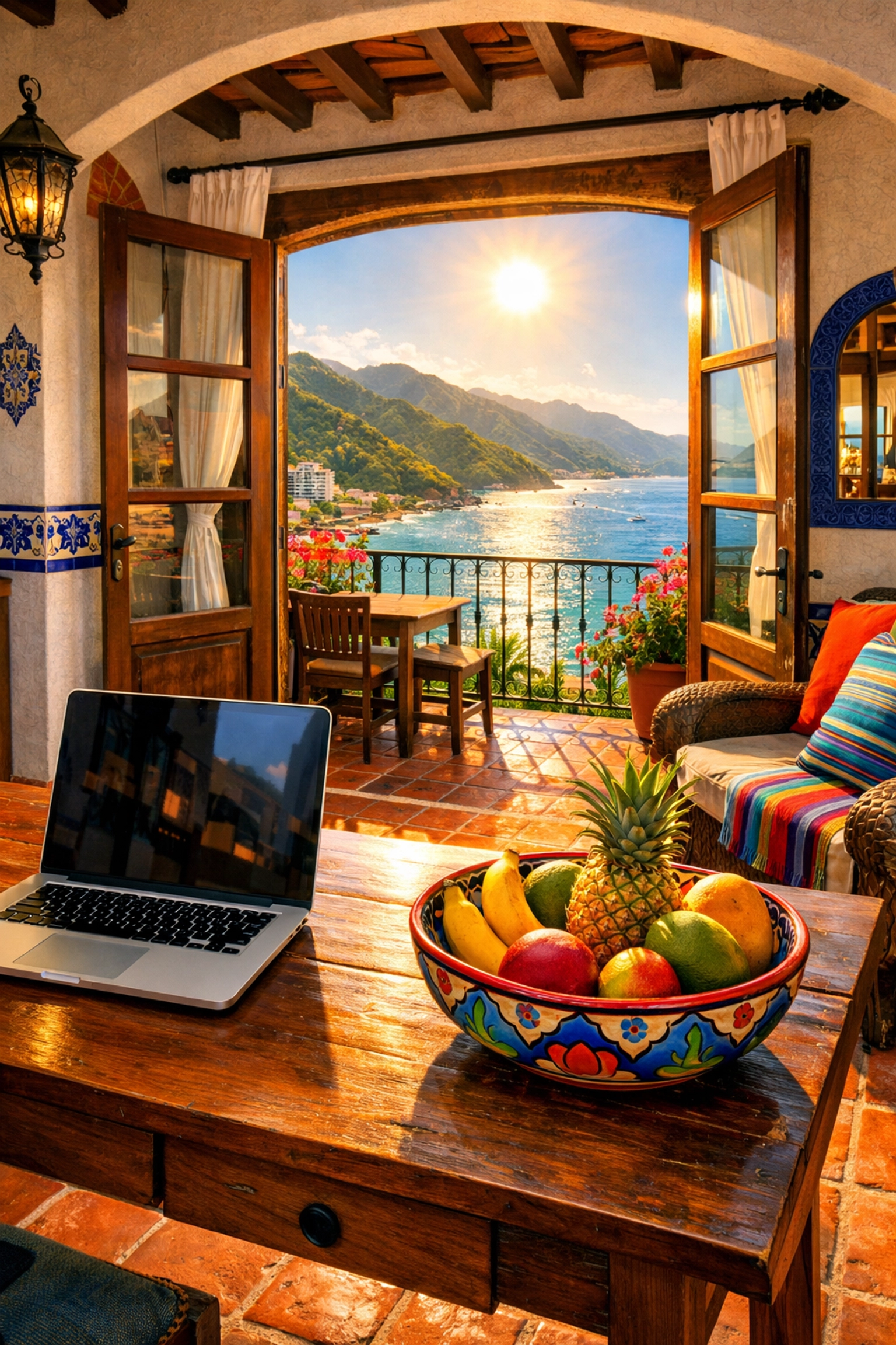 Romantic Puerto Vallarta rental for couples with a digital nomad workspace and Sierra Madre mountain views.