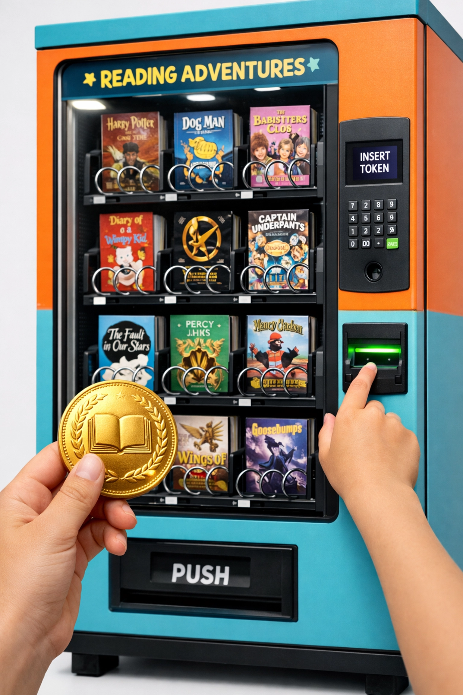 A student uses a gold token to receive a book from a colorful school book vending machine.
