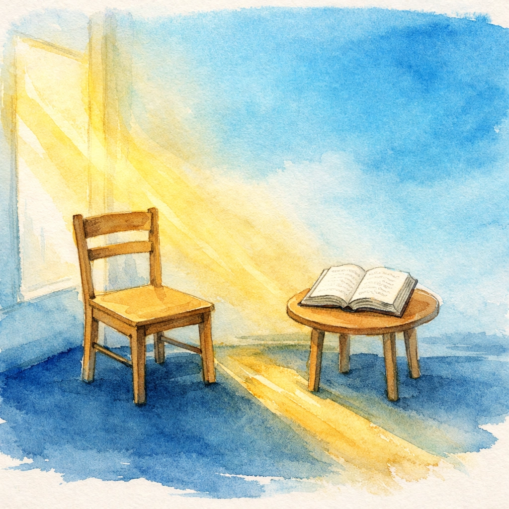 Watercolor illustration of an open Bible by a sunlit window for a peaceful 5-minute morning reset.