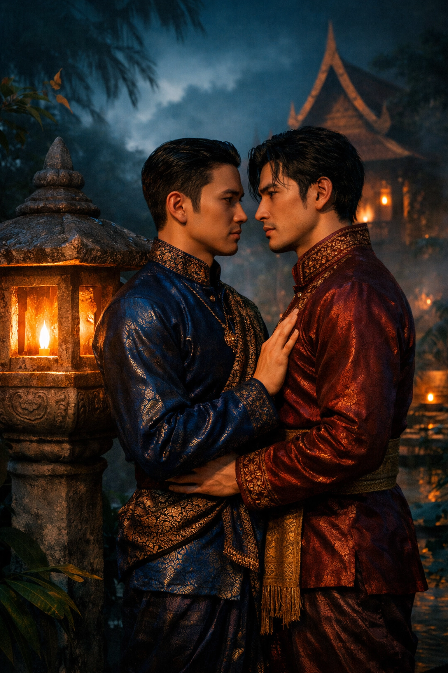 Two men in traditional Thai silk garments showing high-angst tension in a romantic historical setting.
