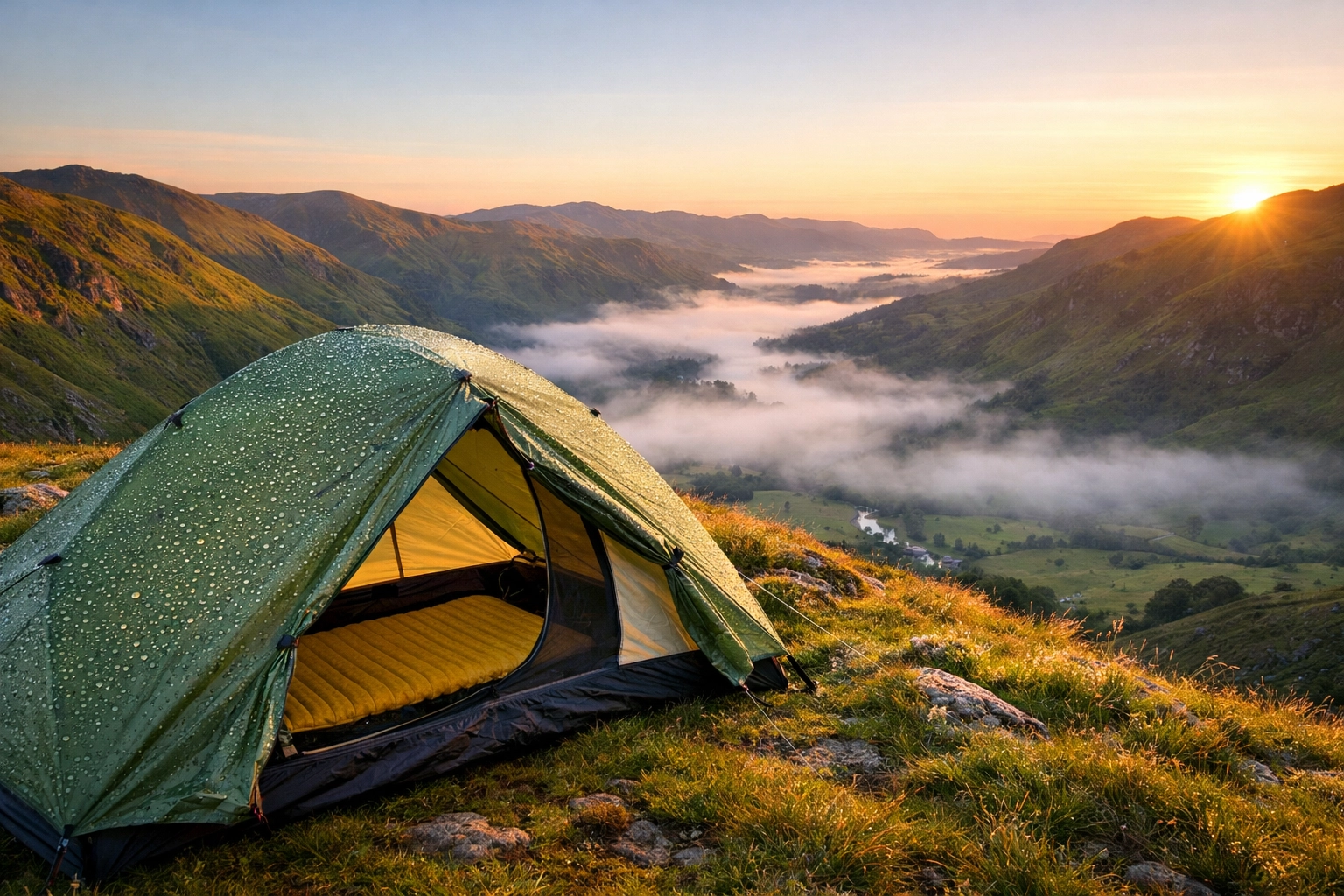 A lightweight trekking tent pitched on a misty ridge in the Lake District for a UK camping adventure.