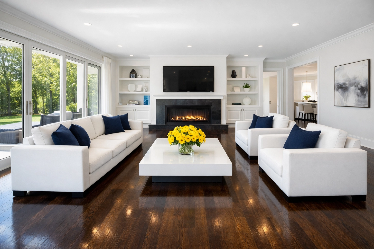 High-end residential living room in Acton MA showcasing a healthy and professionally cleaned home environment.