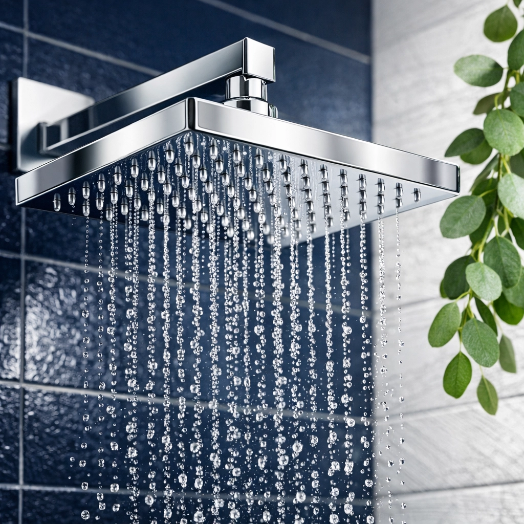 Modern low-flow rainfall showerhead with chrome finish in a luxury bathroom with blue and white tiles.