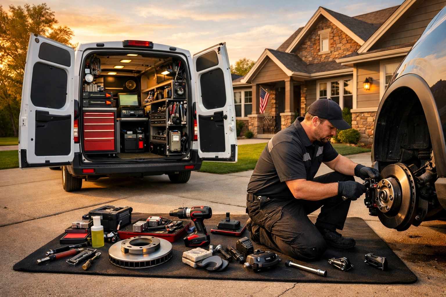 Mobile mechanic van with brake repair tools and equipment in Green Bay residential driveway