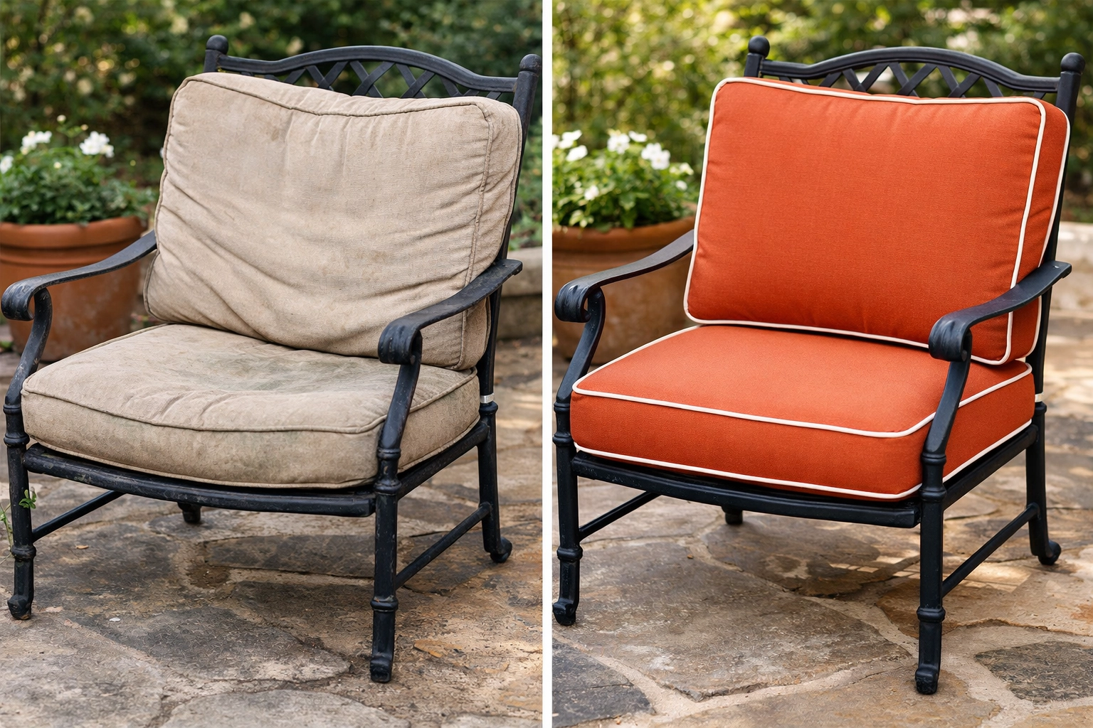 Before and after comparison of faded cushions replaced with new terracotta Sunbrella custom cushions.