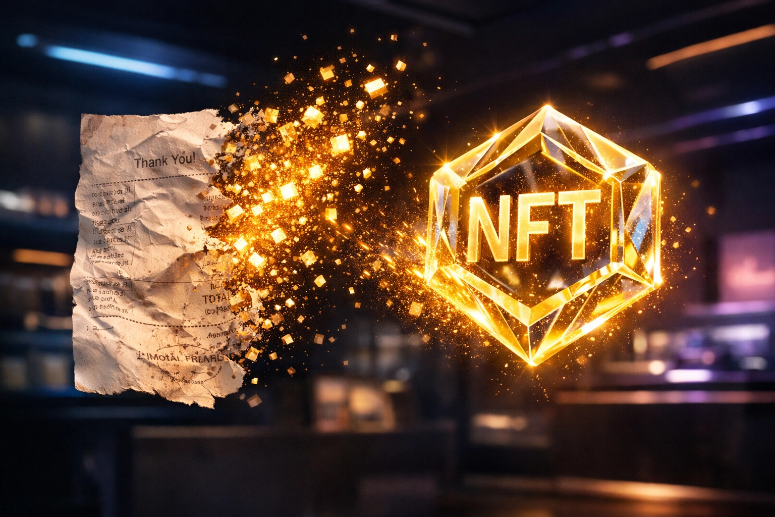 Digital transformation of a paper receipt into a secure Web3 NFT token for modern merchant payments.
