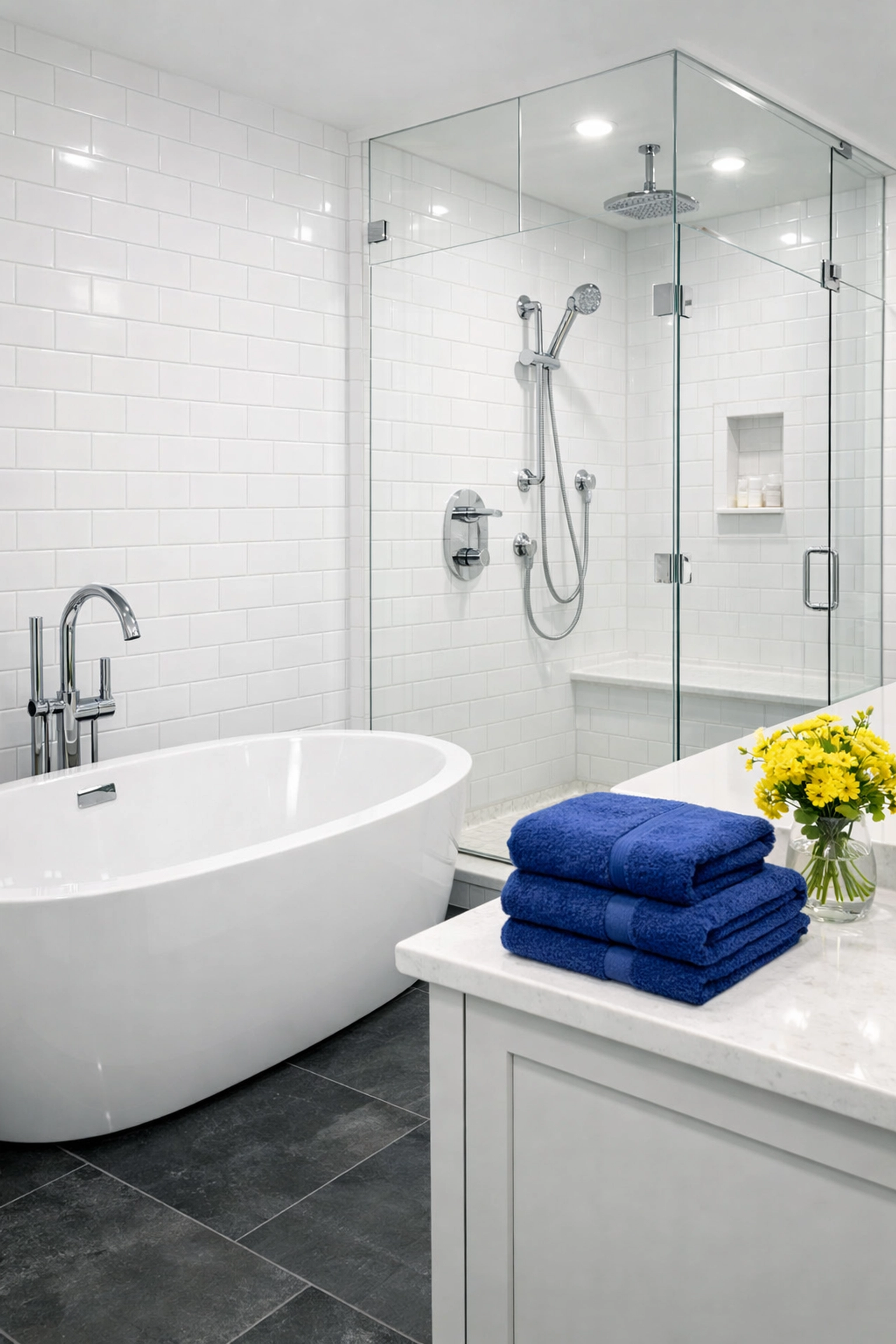Sanitized modern bathroom with white subway tiles and a spotless tub, showing move-in deep cleaning results.
