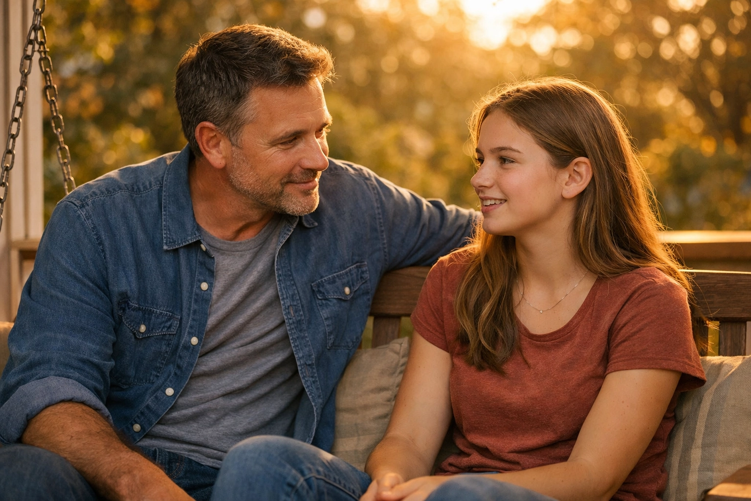 A father listening to his teenage daughter on a porch swing, representing faith-based communication and trust.