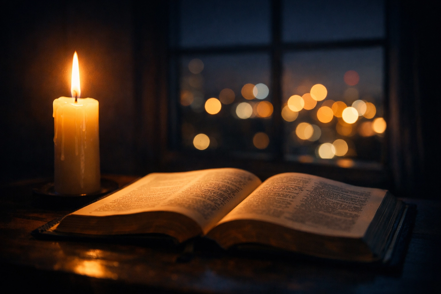 Candle illuminating Bible in darkness symbolizing hope and faith amid world chaos