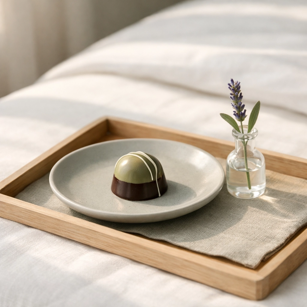 Elegant hotel welcome tray with artisanal chocolate and lavender, showing personalized high-touch hospitality.