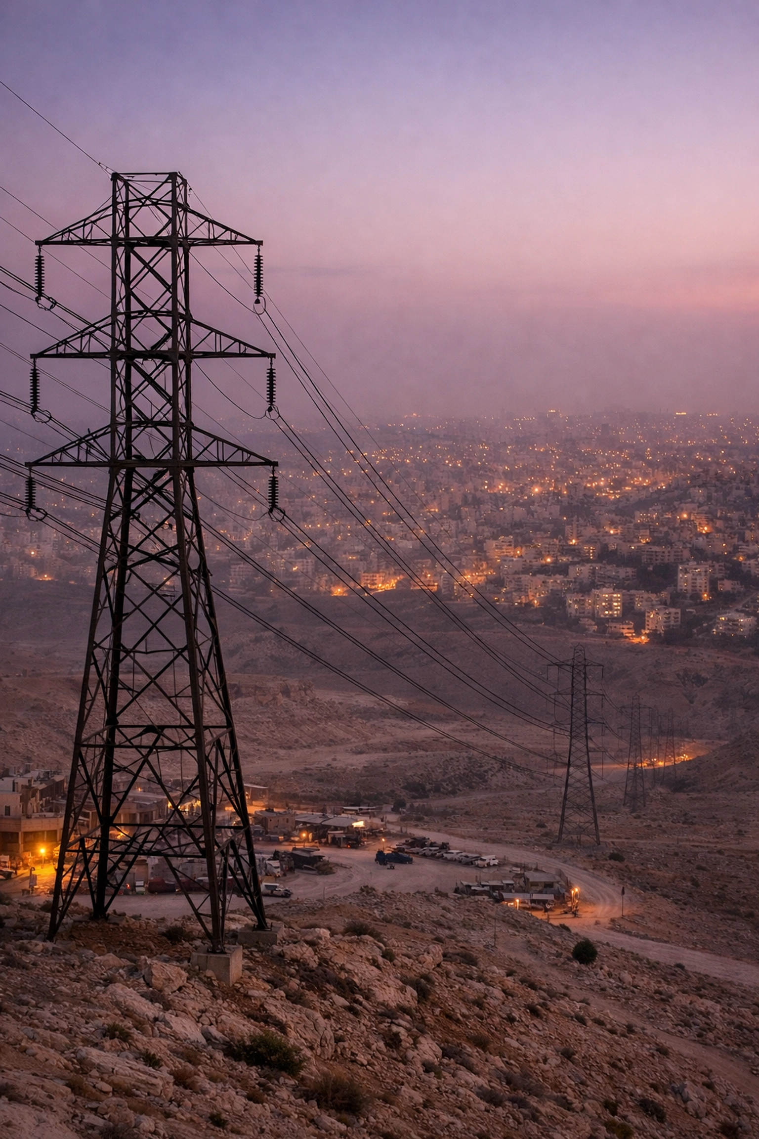 High-voltage power lines transmitting electricity from the desert waste-to-energy facility to the city of Amman.