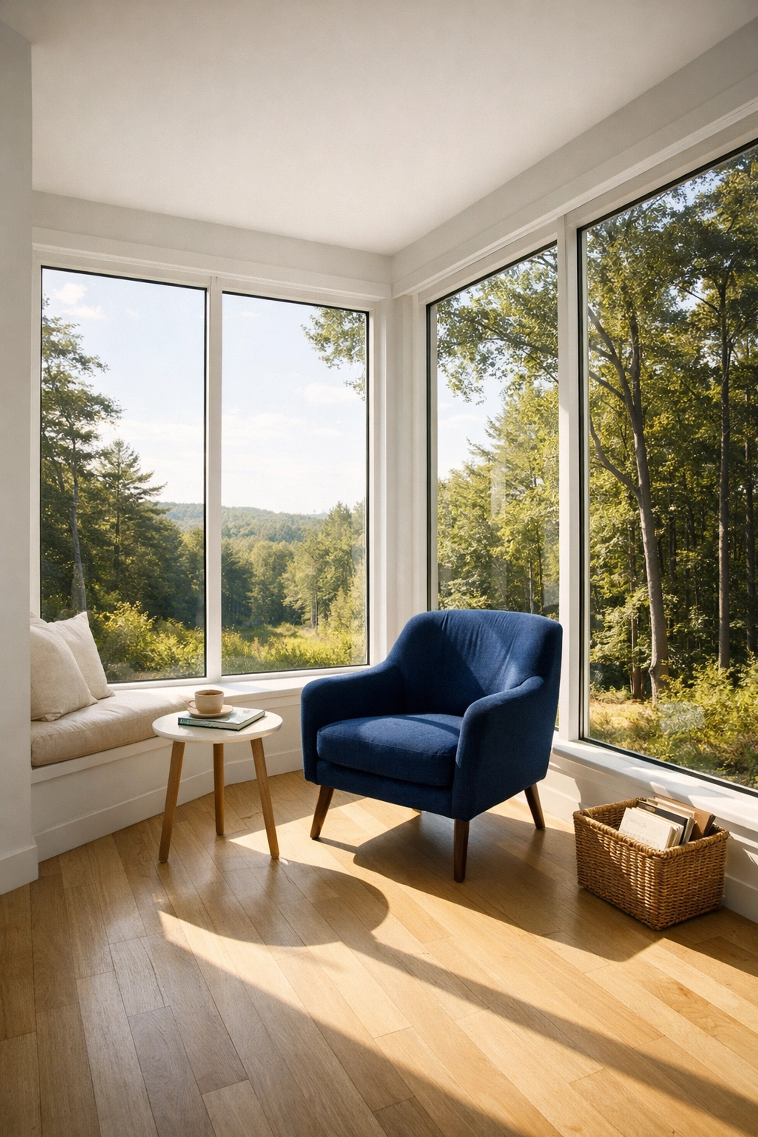 Sun-drenched Dover estate interior with views of Noanet Woodlands, maintained by luxury residential cleaning.