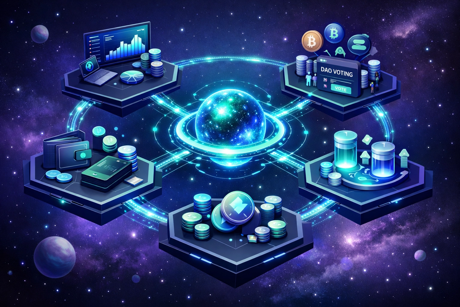 Larecoin Web3 financial ecosystem with interconnected platforms and decentralized tools