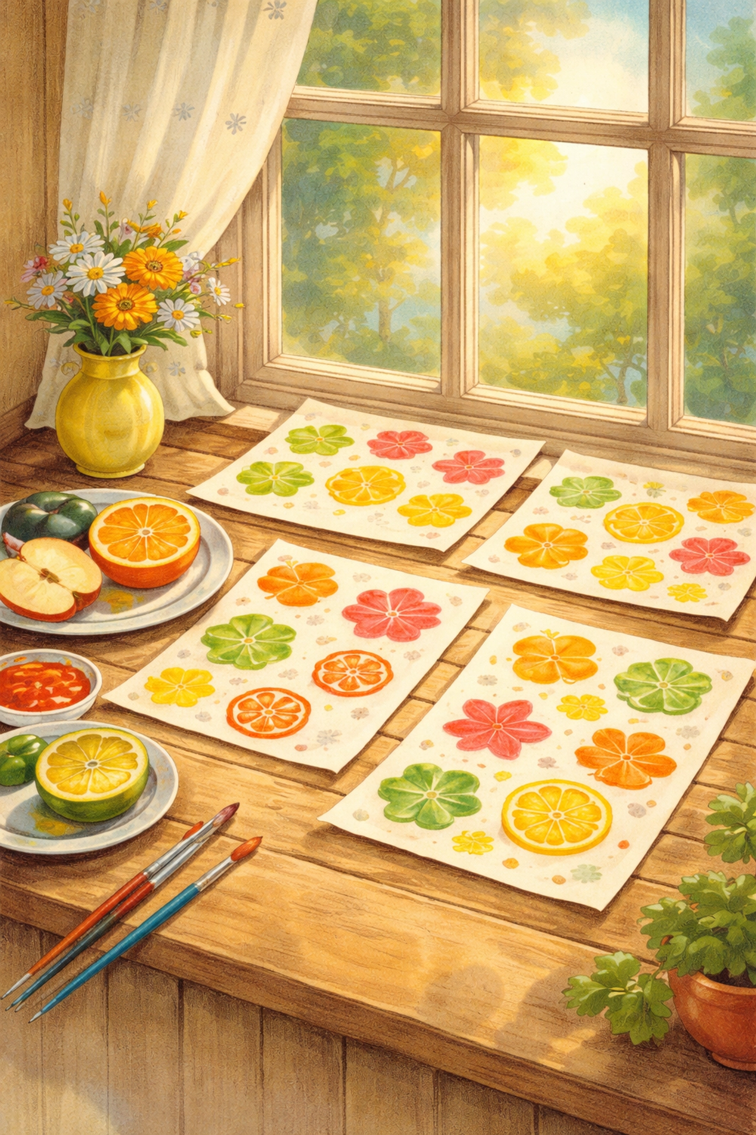 Finished fruit stamp artwork drying by a sunny window, showing creative kids' art with various prints