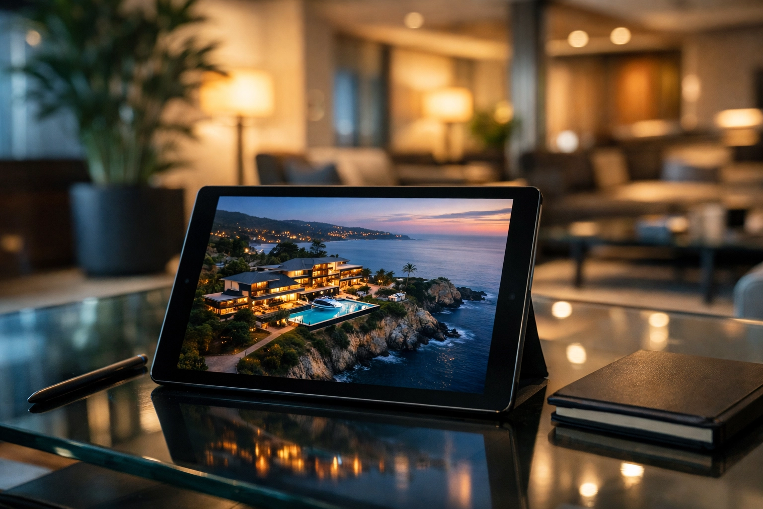 High-tech tablet showing aerial surveillance of a luxury villa for international asset recovery efforts.