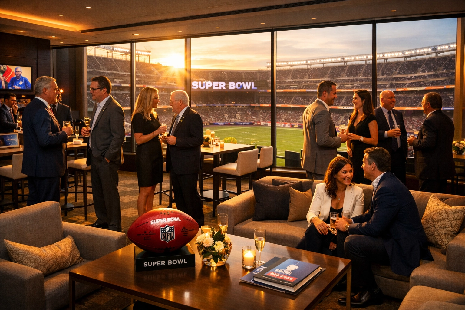 Executives networking in luxury Super Bowl VIP hospitality suite overlooking stadium field