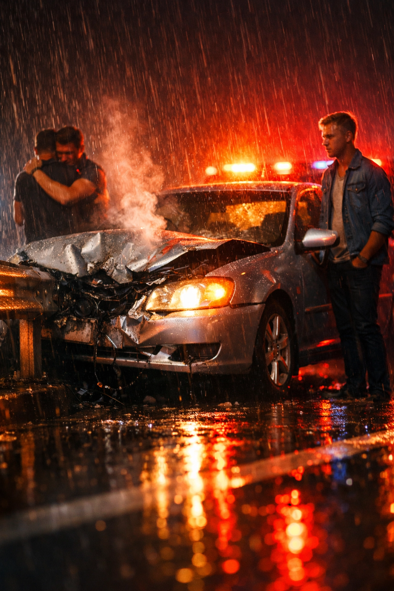Car crashed into guardrail on rainy highway at night - MM romance hurt comfort story