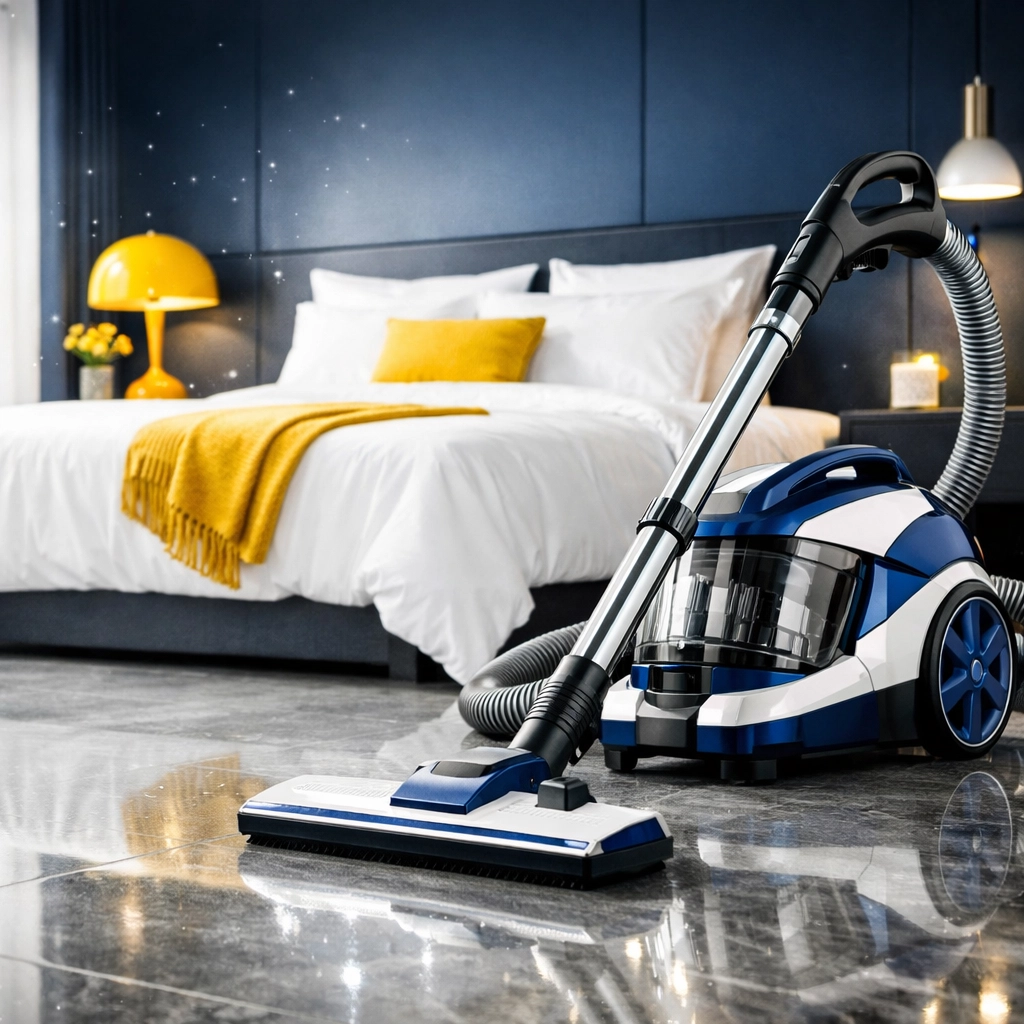 Professional HEPA vacuum cleaner on a polished marble floor in a clean, dust-free modern bedroom.