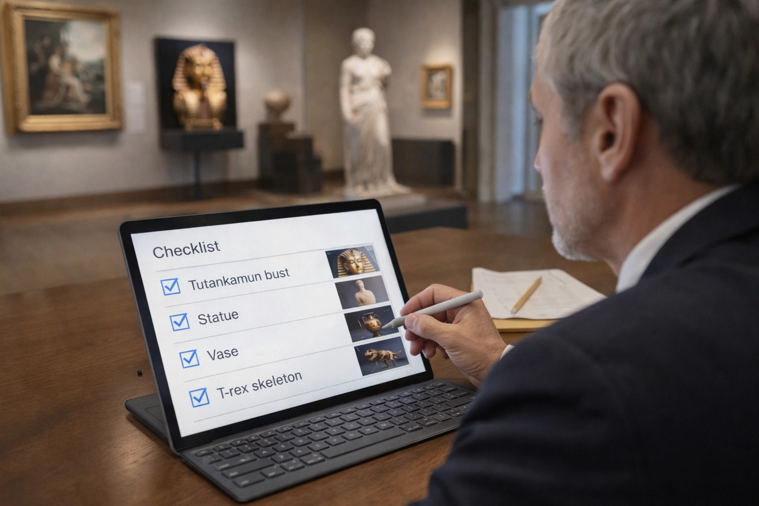 Museum curator controlling AR content approval interface with artifact cards and digital checkmarks