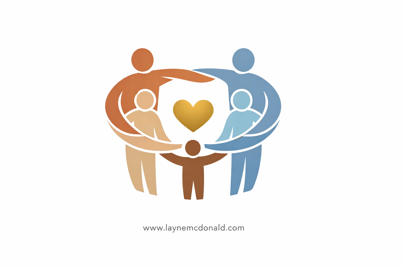 Abstract figures standing in a circle with a central golden heart, depicting Christian family unity and Ohana.