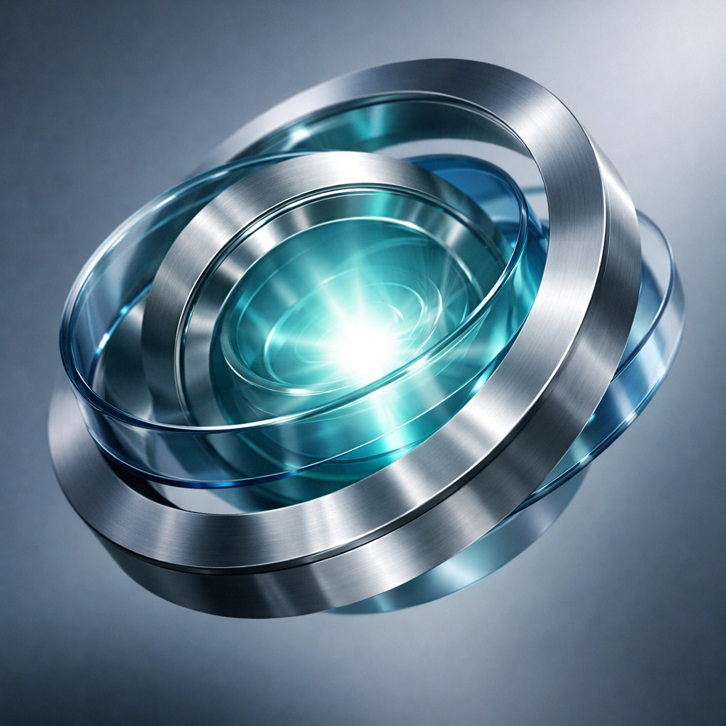 Abstract metallic rings with glowing centre, symbolising predictive sales intelligence and CRM optimisation for B2B service companies.