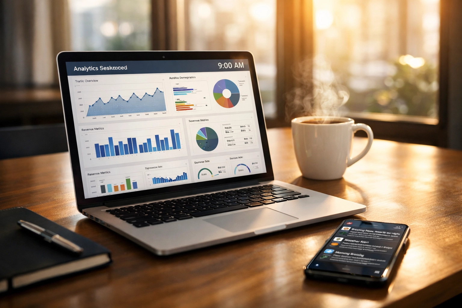 Morning workspace at 9AM showing laptop with analytics and coffee for optimal press release timing